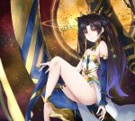  ass bangs bare_legs bare_shoulders barefoot bikini black_hair blue_legwear breasts crown fate/grand_order fate_(series) floating_hair herigaru_(fvgyvr000) highres ishtar_(fate) ishtar_(fate)_(all) long_hair looking_at_viewer red_eyes smile star_(sky) swimsuit thighhighs twintails 