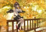  1girl adapted_costume ahoge autumn autumn_leaves backlighting bare_shoulders bird_wings black_hair black_skirt black_wings blurry blurry_foreground breasts brown_hair camera closed_mouth collared_shirt commentary_request commission day depth_of_field domotolain expressionless feathered_wings full_body hand_in_hair hand_up hat highres looking_ahead medium_breasts medium_skirt mixed-language_commentary on_railing outdoors pleated_skirt pom_pom_(clothes) red_eyes red_footwear red_headwear shameimaru_aya shirt short_hair sitting skirt sleeveless sleeveless_shirt solo sunlight sweatband tokin_hat touhou tree white_shirt wing_collar wings wristband 