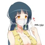  1girl absurdres after_fellatio bangs blue_hair breasts breath brown_eyes center_frills center_opening collared_shirt condom condom_belt covered_mouth covered_nipples cum cum_on_body cum_on_breasts cum_on_mask cum_string cumdrip dated eyebrows_visible_through_hair frills heart highres idolmaster idolmaster_million_live! idolmaster_million_live!_theater_days kitakami_reika large_breasts long_hair low_twintails mask mouth_mask multiple_condoms nillis shirt sleeveless sleeveless_shirt solo surgical_mask twintails twitter_username upper_body used_condom yellow_shirt 