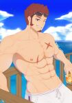  1boy absurdres alternate_costume bara cross_scar eyewear_on_head facial_hair fate/grand_order fate_(series) goatee grin highres kiekoio long_sideburns male_focus male_swimwear muscular muscular_male napoleon_bonaparte_(fate) pectorals scar scar_on_chest short_hair sideburns smile solo sunglasses sunlight swim_trunks white_male_swimwear 