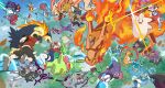  agatha_(pokemon) arcanine battle beam blastoise blue_oak bruno_(pokemon) cape charizard clair_(pokemon) clefairy dragonite espeon ethan_(pokemon) everyone_fighting feraligatr fire gastly gigantamax gigantamax_charizard hat haunter highres horns karen_(pokemon) koga_(pokemon) kris_(pokemon) lance_(pokemon) leaf_(pokemon) lens_flare lorelei_(pokemon) lyra_(pokemon) meganium midair morty_(pokemon) pikachu pokemon pokemon_(creature) pokemon_(game) pokemon_frlg pokemon_gsc pokemon_hgss red_(pokemon) riding ryuusei_(trickster) scarf seadra silver_(pokemon) steelix typhlosion umbreon venusaur weavile will_(pokemon) 