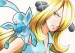 1girl blonde_hair blue_shirt closed_mouth collarbone collared_shirt commentary_request cynthia_(pokemon) eyelashes frown glaceon grey_eyes hair_ornament hair_over_one_eye highres long_hair looking_to_the_side oka_mochi pokemon pokemon_(anime) pokemon_(creature) pokemon_bw_(anime) shirt sleeveless sleeveless_shirt traditional_media white_background 