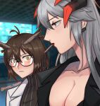  ahoge arknights black_jacket blurry blurry_background blush breasts brown_hair brown_sweater cigarette cleavage closed_mouth collarbone commentary dragon_horns ear_clip english_commentary eyebrows_visible_through_hair feather_hair glasses horns indoors jacket kimmy_tsunami large_breasts long_hair looking_at_breasts monitor orange_eyes pectoral_envy_(meme) profile saria_(arknights) short_hair silence_(arknights) silver_hair smoking striped striped_sweater sweater turtleneck turtleneck_sweater twitter_username upper_body white_jacket 