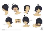  1boy ahoge araragi_koyomi bakemonogatari character_name character_sheet collarbone color_trace dark-skinned_male dark_skin expressions eyes_visible_through_hair hair_over_one_eye highres monogatari_(series) multiple_views official_art portrait production_art scan simple_background turnaround white_background zip_available 