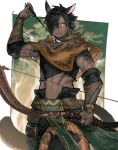  1boy abs animal_ears avatar_(ffxiv) black_hair black_shirt bow_(weapon) brown_capelet capelet cat_boy cat_ears closed_mouth commentary_request cowboy_shot crop_top dark-skinned_male dark_skin final_fantasy final_fantasy_xiv green_eyes hair_over_one_eye highres holding holding_bow_(weapon) holding_weapon male_focus midriff miqo&#039;te mn_(zig_r14) navel one_eye_covered scar scar_on_face serious shirt short_hair solo vambraces weapon 