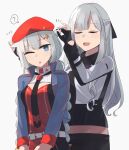  2girls :o ? ak-12_(girls&#039;_frontline) animal_ears bangs belt beret black_gloves black_neckwear black_ribbon blue_eyes blue_jacket braid breasts cat_ears closed_eyes eyebrows_visible_through_hair fingerless_gloves flower-shaped_pupils french_braid girls&#039;_frontline gloves grey_hair hair_ornament hair_ribbon hairclip hand_on_ear hat hat_ornament highres hinami047 holding holding_hair jacket long_hair looking_at_viewer low_twintails multiple_girls necktie one_eye_closed open_clothes open_jacket open_mouth ots-12_(girls&#039;_frontline) partially_fingerless_gloves red_headwear ribbon russian_flag silhouette silver_hair soviet_flag standing star-shaped_pupils star_(symbol) star_hair_ornament star_hat_ornament symbol-shaped_pupils tactical_clothes twin_braids twintails very_long_hair white_background white_belt 