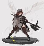  1girl :&lt; ahoge arknights armband beret black_footwear black_gloves black_legwear boots brown_hair cape commentary elbow_gloves english_commentary feathers fighting_stance garter_straps gloves grey_cape grey_headwear grey_tunic hair_between_eyes halberd hat holding holding_polearm holding_weapon infection_monitor_(arknights) paintrfiend plume_(arknights) polearm short_hair solo thighhighs v-shaped_eyebrows weapon 
