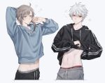  1boy 2boys bangs blue_eyes briefs brown_hair ear_piercing earrings eyebrows_visible_through_hair grey_hair hair_between_eyes highres hood hoodie jewelry kanae_(nijisanji) kuzuha_(nijisanji) long_hair long_sleeves looking_at_viewer male_focus male_underwear mole mole_under_eye multiple_boys nada_(_na_da) navel nijisanji piercing red_eyes shorts simple_background solo stomach sweater underwear virtual_youtuber white_background 