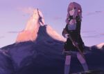  1girl bangs blue_sky breasts character_request cleavage closed_mouth cross-laced_clothes dress eyebrows_visible_through_hair girls&#039;_frontline gun hair_ornament hairclip headphones hinami047 holding holding_weapon k31_(girls&#039;_frontline) long_hair looking_away mountain mountainous_horizon pink_hair purple_eyes rifle sidelocks sky small_breasts socks solo standing weapon white_legwear 