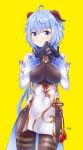  absurdres ahoge artist_name bangs bare_shoulders bbk_(bbkbebek7) bell black_gloves blue_hair bodystocking breast_squeeze breasts cleavage detached_sleeves eyebrows_visible_through_hair fingers_together ganyu_(genshin_impact) genshin_impact gloves gold_trim highres horns long_hair looking_at_viewer medium_breasts multicolored multicolored_eyes neck_bell own_hands_together steepled_fingers vision_(genshin_impact) white_sleeves yellow_background 