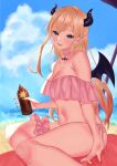  1girl absurdres arm_support ass bat_wings beach beach_umbrella bikini black_nails blonde_hair blue_sky bottle breasts check_commentary choker cleavage cloud cloudy_sky colored_tips commentary commentary_request day demon_horns eyelashes fangs fingernails frilled_bikini frilled_garter frills green_eyes heart_pendant highres holding holding_bottle hololive horns knees lace lace_choker large_breasts long_hair looking_at_viewer lotion nail_polish navel open_mouth outdoors pendant_choker pink_bikini pointy_ears quandoo sand side-tie_bikini sitting sky smile solo sunscreen swimsuit thighs umbrella very_long_hair wings yokozuwari yuzuki_choco 