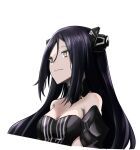  1girl bare_shoulders black_dress black_hair breasts closed_mouth dreamer_(girls&#039;_frontline) dress eyebrows_visible_through_hair girls&#039;_frontline hair_ornament lips long_hair looking_away medium_breasts reizo_ne sangvis_ferri solo upper_body white_background yellow_eyes 