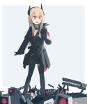  1girl asymmetrical_legwear black_gloves black_jacket black_legwear black_scarf black_skirt blonde_hair breasts dinergate_(girls&#039;_frontline) eyebrows_visible_through_hair girls&#039;_frontline gloves headphones highres hinami047 holding holding_weapon jacket long_hair looking_away looking_down m4_sopmod_ii m4_sopmod_ii_(girls&#039;_frontline) multicolored_hair open_mouth red_eyes scarf simple_background skirt smile solo standing star-shaped_pupils star_(symbol) symbol-shaped_pupils weapon 