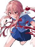  1girl bangs blood blood_on_knife blue_shirt blue_skirt blush breasts eyebrows_visible_through_hair gasai_yuno grin hair_between_eyes hair_flaps highres holding holding_knife inu_(puputizy) knife mirai_nikki pink_hair red_eyes red_neckwear shirt short_hair_with_long_locks short_sleeves sidelocks simple_background sketch skirt small_breasts smile solo white_background 