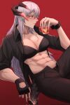  1girl abs alcohol arknights black_bra black_gloves black_pants black_shirt blush bra bracer breasts cigarette cleavage collarbone collared_shirt commentary cup dress_shirt drink drinking_glass english_commentary fingerless_gloves gloves gradient gradient_background highres holding holding_cigarette holding_drink kimmy_tsunami knee_up large_breasts long_hair looking_at_viewer midriff muscular muscular_female open_clothes open_shirt orange_eyes pants parted_lips red_background saria_(arknights) shirt silver_hair sitting sleeves_rolled_up smoking solo underwear 