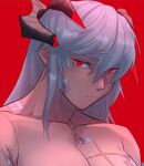 1girl arknights bandage_on_face bandages blood_on_chest breasts broken_horn cleavage closed_mouth collarbone commentary dragon_horns english_commentary frown horns kimmy_tsunami long_hair looking_at_viewer muscular muscular_female nude red_background red_eyes saria_(arknights) scar_on_breasts silver_hair simple_background solo upper_body 