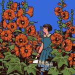  1girl absurdres bangs black_eyes black_hair blue_background blue_shirt dated flower highres holding leaf original plant pleated_skirt print_skirt procreate_(medium) red_flower shirt short_hair short_sleeves signature simple_background skirt solo tomidoron 