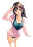  1girl :d arm_up ass_visible_through_thighs bangs bare_shoulders breasts brown_hair cleavage collarbone commentary_request eyebrows_visible_through_hair head_tilt hood hood_down hooded_jacket jacket koutaro long_hair long_sleeves looking_at_viewer medium_breasts off_shoulder open_clothes open_jacket open_mouth original pink_jacket purple_eyes school_swimsuit simple_background sleeves_past_wrists smile solo swimsuit white_background 