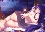  ass black_panties braid braided_ponytail breasts covered_nipples duplicate feet finger_to_mouth genshin_impact large_breasts looking_at_viewer lying mitsu_(mitsu_art) mole mole_under_eye nude on_side outdoors panties pixel-perfect_duplicate purple_eyes purple_hair raiden_shogun seductive_smile see-through see-through_silhouette smile soles underwear 