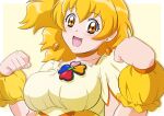  1girl blonde_hair border breasts choker cure_pine earrings eyebrows_visible_through_hair fresh_precure! fuchi_(nightmare) heart heart_earrings jewelry large_breasts looking_at_viewer medium_hair open_mouth orange_choker outside_border precure side_ponytail smile solo upper_body white_border yamabuki_inori yellow_background yellow_eyes 