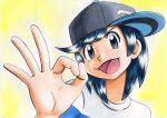  1boy :d bangs baseball_cap black_hair grey_background grey_eyes hand_up hat highres male_focus medium_hair ok_sign oka_mochi open_mouth pokemon pokemon_adventures shiny shiny_hair shirt sideways_hat smile solo sun_(pokemon) t-shirt tongue traditional_media two-tone_shirt upper_body white_shirt yellow_background 