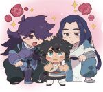  3boys animal_ears aqua_eyes black_hair black_tail blush cat_boy cat_ears cat_tail fang fengxi_(the_legend_of_luoxiaohei) flower grey_eyes hair_over_one_eye long_sleeves luoxiaohei multiple_boys open_mouth outline parted_lips pink_background purple_eyes red_flower sanjiro_(tenshin_anman) short_hair short_sleeves smile sparkle tail the_legend_of_luo_xiaohei white_outline wuxian_(the_legend_of_luoxiaohei) 