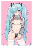  1girl absurdres bikini black_bikini blue_eyes blue_hair blue_nails blush border breasts chung1000 closed_mouth contrapposto earrings fingernails hair_over_one_eye hatsune_miku highres jewelry long_hair long_sleeves looking_at_viewer micro_bikini multi-strapped_bikini nail_polish navel one_eye_covered outside_border pink_background shrug_(clothing) simple_background small_breasts solo sweat swimsuit thighhighs twintails very_long_hair vocaloid white_border white_legwear 