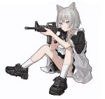  1girl absurdres aiming animal_ear_fluff animal_ears apron assault_rifle bangs black_footwear cat_ears commentary expressionless frilled_apron frills full_body grey_hair gun highres holding holding_gun holding_weapon huge_filesize knees_up m4_carbine maid notched_ear original panties purple_eyes rifle shoes short_hair silver_hair simple_background sitting sneakers socks solo spread_legs underwear weapon white_apron white_background white_legwear white_panties zumochi 
