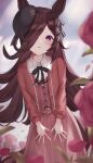  1girl :o akatsuki_(pixiv23539542) animal_ears bangs belt belt_buckle beret black_bow black_headwear blurry blurry_foreground bow brown_hair buckle buttons commentary_request cowboy_shot eyebrows_visible_through_hair flower foliage hair_bow hands hat heart_button horse_ears horse_girl long_hair looking_at_viewer mixed-language_commentary one_eye_covered open_mouth outdoors outstretched_arms petals pink_belt pink_shirt pink_skirt purple_eyes red_hair rice_shower_(umamusume) rose rose_petals shiny shiny_hair shirt skirt solo standing tareme tilted_headwear umamusume very_long_hair white_background 