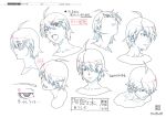  1boy ahoge araragi_koyomi bakemonogatari character_name character_sheet collarbone color_trace expressions eyes_visible_through_hair hair_over_one_eye highres monogatari_(series) multiple_views official_art partially_colored portrait production_art scan simple_background turnaround white_background zip_available 