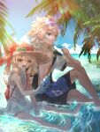 1boy 1girl :d ahoge albedo_(genshin_impact) alternate_costume armpits backpack bag bangs bare_legs barefoot blue_eyes blue_sky blurry bow braid brown_hair casual cloud cloudy_sky clover coconut_tree collarbone commentary_request cone depth_of_field dress eating eyebrows_visible_through_hair food four-leaf_clover genshin_impact gloves hair_between_eyes hat hat_bow hat_ornament hat_ribbon height_difference highres holding holding_food horizon in_water jacket klee_(genshin_impact) light_brown_hair long_hair looking_at_viewer looking_away low_twintails midriff ocean open_mouth orange_eyes palm_tree pointy_ears popsicle ribbon shorts sidelocks single_braid sitting size_difference sky smile soles straw_hat sun_hat sunlight toes tree twintails vision_(genshin_impact) visor_cap white_dress white_gloves yoco_n02 