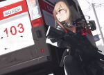  1girl :o ambulance black_gloves black_jacket black_legwear black_scarf black_skirt blonde_hair car eyebrows_visible_through_hair girls&#039;_frontline gloves ground_vehicle hair_ornament hinami047 holding holding_weapon jacket long_hair looking_away looking_up m4_sopmod_ii m4_sopmod_ii_(girls&#039;_frontline) motor_vehicle multicolored_hair open_mouth pantyhose red_eyes russia scarf scenery sitting skirt solo weapon 