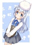  1girl :o angora_rabbit animal_on_head black_skirt blue_eyes blue_hair blue_vest blush bunny bunny_on_head eyebrows_visible_through_hair gochuumon_wa_usagi_desu_ka? hair_ornament highres kafuu_chino light_blue_hair long_hair long_sleeves looking_at_viewer on_head open_mouth rabbit_house_uniform regular_mow ribbon simple_background skirt solo tippy_(gochiusa) vest x_hair_ornament 