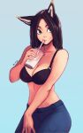  1girl absurdres animal_ears artist_name bare_arms black_bra black_hair blue_background bra breasts bubble_tea cat_ears cleavage collarbone commentary cowboy_shot denim drink drinking_straw_in_mouth english_commentary facial_mark green_eyes highres holding holding_drink jeans large_breasts long_hair looking_at_viewer no_shirt original pants raichiyo33 simple_background solo underwear whisker_markings 