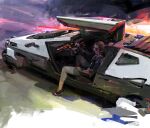  1girl brown_hair car dark-skinned_female dark_skin ground_vehicle gullwing_doors highres john_liberto looking_to_the_side medium_hair motor_vehicle original science_fiction sitting solo sunglasses vehicle_focus 