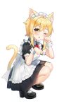  1girl ;o alternate_costume animal_ears apron bangs black_footwear blonde_hair bow bowtie cat_ears cat_girl cat_tail commentary_request enmaided eyebrows_visible_through_hair fang genshin_impact hair_between_eyes highres hue kemonomimi_mode looking_at_viewer lumine_(genshin_impact) maid maid_apron maid_headdress mary_janes one_eye_closed paw_pose shoes short_hair short_hair_with_long_locks short_sleeves sidelocks simple_background socks solo squatting tail white_background white_legwear wrist_cuffs yellow_eyes 