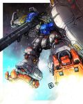  absurdres bazooka_(gundam) green_eyes gun gundam gundam_0083 gundam_gp-02_physalis highres holding holding_gun holding_shield holding_weapon looking_down mecha mobile_suit moyan no_humans procreate_(medium) science_fiction shield solo space thrusters v-fin weapon 