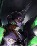  black_background eva_01 extra_eyes glowing glowing_eyes highres horns john_liberto mecha neon_genesis_evangelion no_humans portrait redesign science_fiction single_horn solo yellow_eyes 