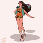  1girl absurdres black_hair dated hand_on_hip highres long_hair lum pointy_ears print_shirt procreate_(medium) red_shirt shirt shoes signature simple_background socks solo tomidoron urusei_yatsura white_background white_footwear white_legwear 