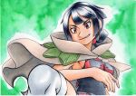  1girl bare_arms black_hair black_shirt breasts brown_eyes cloak commentary earrings eyelashes green_background grey_legwear grey_shorts highres jewelry leg_up looking_down oka_mochi over-kneehighs parted_lips pokemon pokemon_(game) pokemon_oras rope_belt shiny shiny_hair shirt short_hair shorts sleeveless smile smirk solo thighhighs tied_hair traditional_media zinnia_(pokemon) 