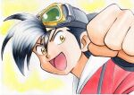  1boy :d bangs black_hair clenched_hand commentary_request ethan_(pokemon) goggles goggles_on_head hair_between_eyes hand_up highres jacket long_sleeves looking_down male_focus oka_mochi open_mouth pokemon pokemon_adventures red_jacket shiny shiny_hair short_hair smile solo tongue traditional_media upper_body yellow_background yellow_eyes 