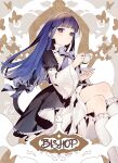  1girl aluce bangs bishop_(chess) blue_eyes blue_hair blunt_bangs bow cat_tail chess_piece cup dress frederica_bernkastel frilled_dress frills highres holding holding_cup juliet_sleeves long_hair long_sleeves puffy_sleeves purple_eyes purple_hair saucer solo tail tail_ornament tail_ring tea teacup umineko_no_naku_koro_ni white_legwear 