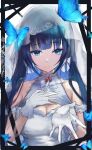  1girl absurdres aoi_nabi bangs bare_shoulders black_hair blue_eyes blue_hair blunt_bangs bow bow_earrings breasts bridal_veil bug butterfly cleavage cleavage_cutout clothing_cutout dress earrings eyebrows_visible_through_hair gloves halter_dress halterneck hand_on_own_chest highres indie_virtual_youtuber jewelry long_hair looking_at_viewer medium_breasts multicolored_hair red_bow rs2aky smile solo two-tone_hair upper_body veil virtual_youtuber wedding_dress white_bow white_dress white_gloves 