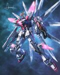  amasaki_yusuke blue_eyes build_strike_galaxy_cosmos clenched_hand glowing glowing_eye gun gundam gundam_build_fighters gundam_build_fighters_battlogue holding holding_gun holding_weapon looking_up mecha mechanical_wings mobile_suit no_humans science_fiction shield solo v-fin weapon wings 