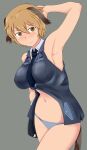  1girl animal_ears arm_up armpits bangs blonde_hair blue_neckwear blue_panties blush brave_witches brown_eyes closed_mouth commentary_request cowboy_shot grey_background hand_on_own_head looking_at_viewer military military_uniform navel necktie no_pants panties short_hair simple_background sleeveless sleeveless_jacket smile solo standing sweatdrop tail tanaka_rikimaru underwear uniform waltrud_krupinski wing_collar world_witches_series 