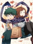  1boy 1girl black_legwear boku_no_hero_academia brown_hair cold couple green_eyes green_hair hetero highres leaf midoriya_izuku pantyhose scarf school_uniform simple_background skirt tea uraraka_ochako verkyzen 