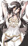  1girl ahoge albedo_(overlord) arms_up bangs black_feathers black_hair black_wings blush breasts cleavage demon_girl dress elbow_gloves feathers gloves hair_between_eyes hip_vent horns inu_(puputizy) large_breasts long_hair looking_at_viewer low_wings overlord_(maruyama) parted_lips simple_background slit_pupils solo very_long_hair white_background white_dress white_gloves white_horns wings yellow_eyes 