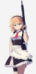  1girl apron aqua_eyes assault_rifle blonde_hair breasts closed_mouth eyebrows_visible_through_hair feet_out_of_frame g36_(girls&#039;_frontline) girls&#039;_frontline gloves gun h&amp;k_g36 hand_on_hip highres hinami047 holding holding_weapon looking_at_viewer maid maid_apron maid_headdress medium_hair red_neckwear rifle solo standing weapon white_background white_gloves 