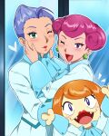  1boy 1girl blue_dress blue_eyes crossdressing cruz02art dress earrings flushed green_eyes highres james_(pokemon) jessie_(pokemon) jewelry lipstick makeup meowth one_eye_closed pink_hair pokemon pokemon_(anime) pokemon_(creature) purple_hair team_rocket team_rocket_grunt 