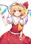  1girl arm_up ascot bangs blonde_hair blurry bow chromatic_aberration cowboy_shot crystal depth_of_field eyebrows_visible_through_hair fang fang_out flandre_scarlet frilled_shirt_collar frills glint hand_up hat hat_bow highres holding light_smile mob_cap one_side_up peta_(snc7) puffy_short_sleeves puffy_sleeves red_bow red_eyes red_vest short_hair short_sleeves simple_background solo touhou vest white_background white_headwear wings wrist_cuffs yellow_neckwear 
